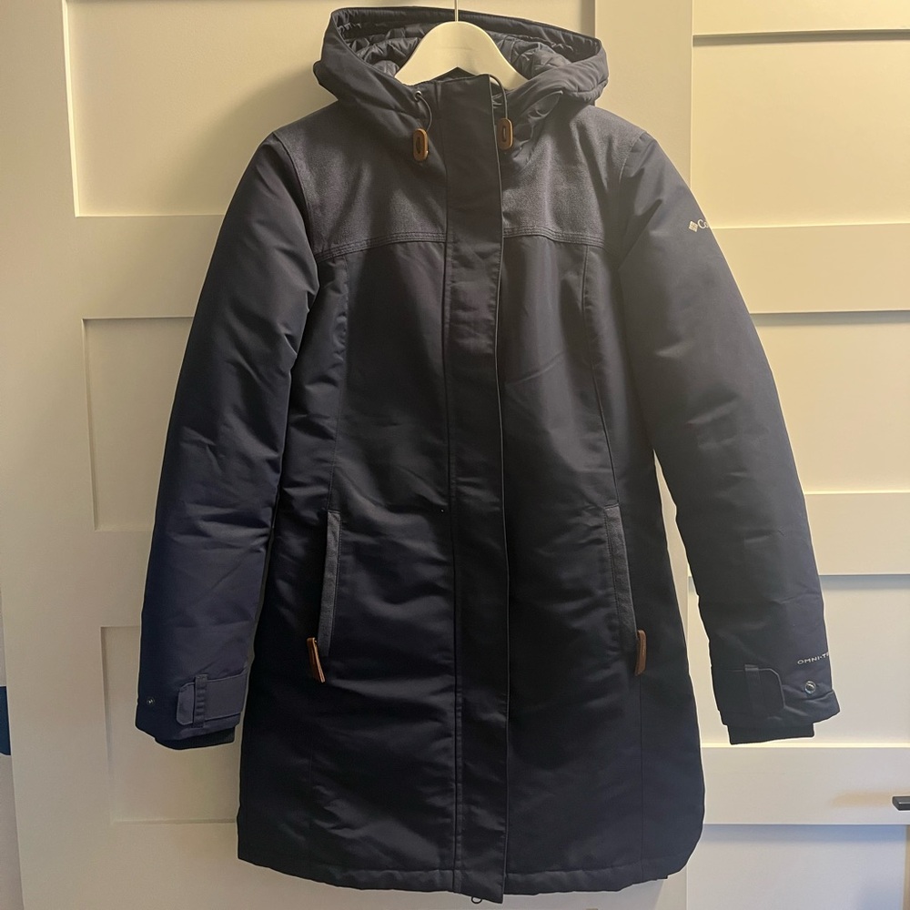 Columbia Dark Blue Hooded Jacket with Brown Details
